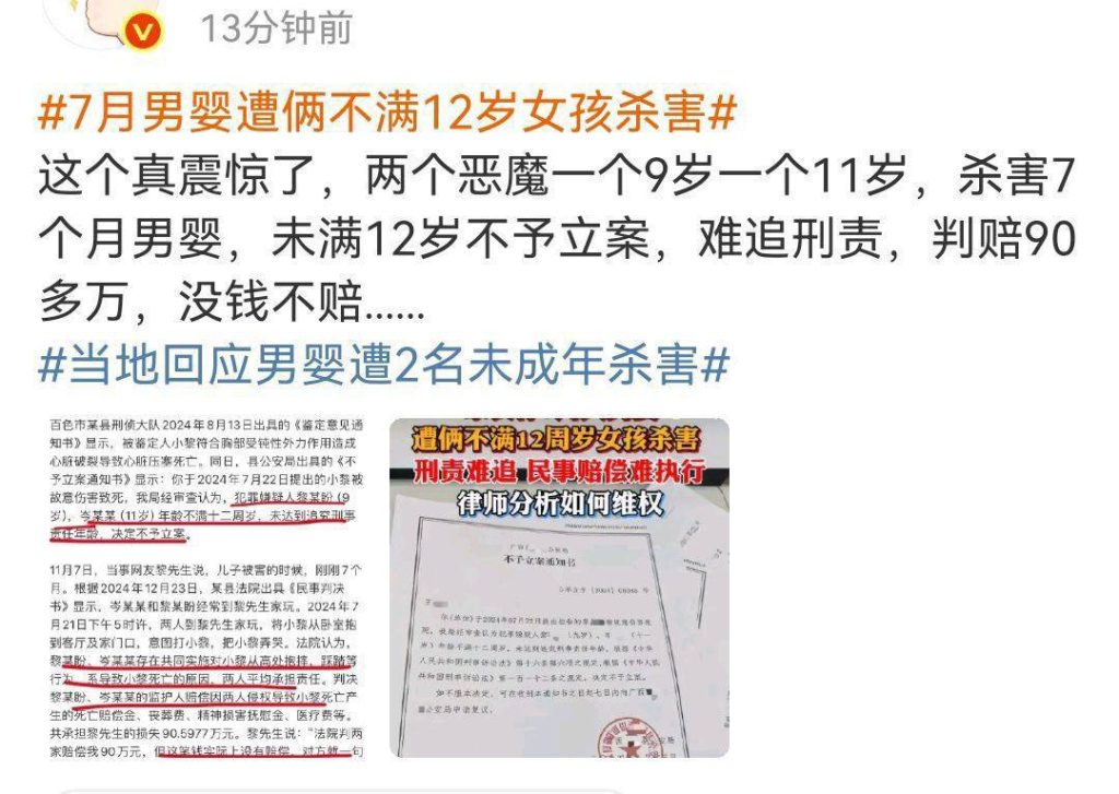 7月男婴遭俩不满12岁女孩杀害 因未满12岁不予立案，难追刑责，判赔90多万，没钱不赔….-测试测试
